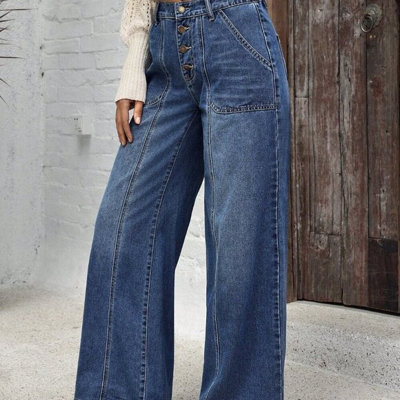 Blue Casual Women's Pockets Versatile Loose Wide Leg Jeans - Picture 6 of 6